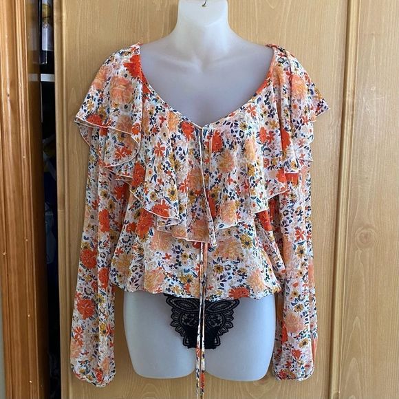 Free People • Say It To Me Floral Orange Ruffle Bodysuit - Picture 2 of 16